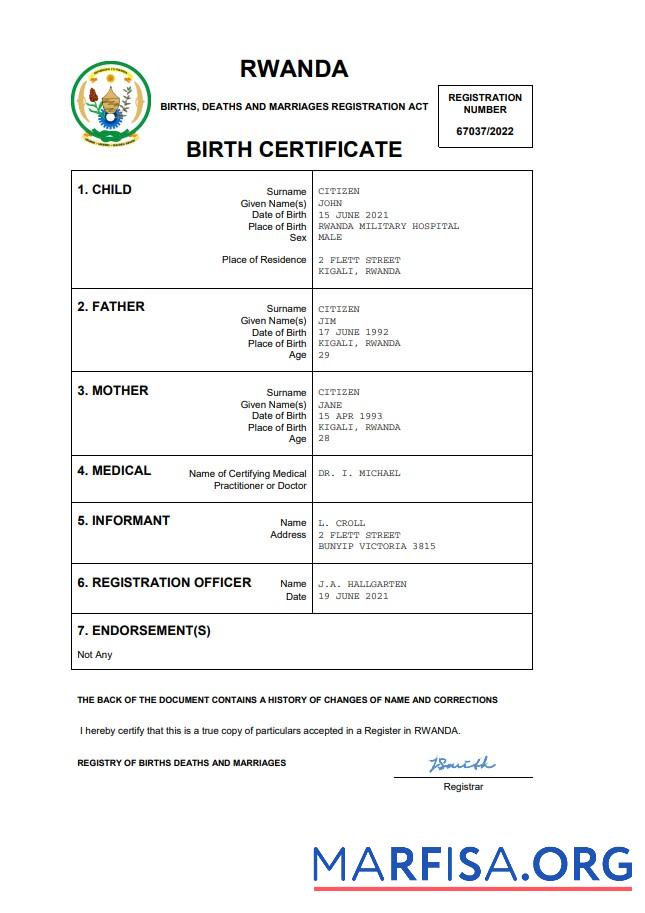 Blank Rwanda birth certificate Word and PDF template